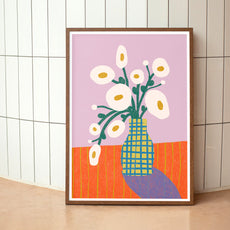 Bold printable botanical wall art featuring vibrant cream florals on a lavender and orange background.
