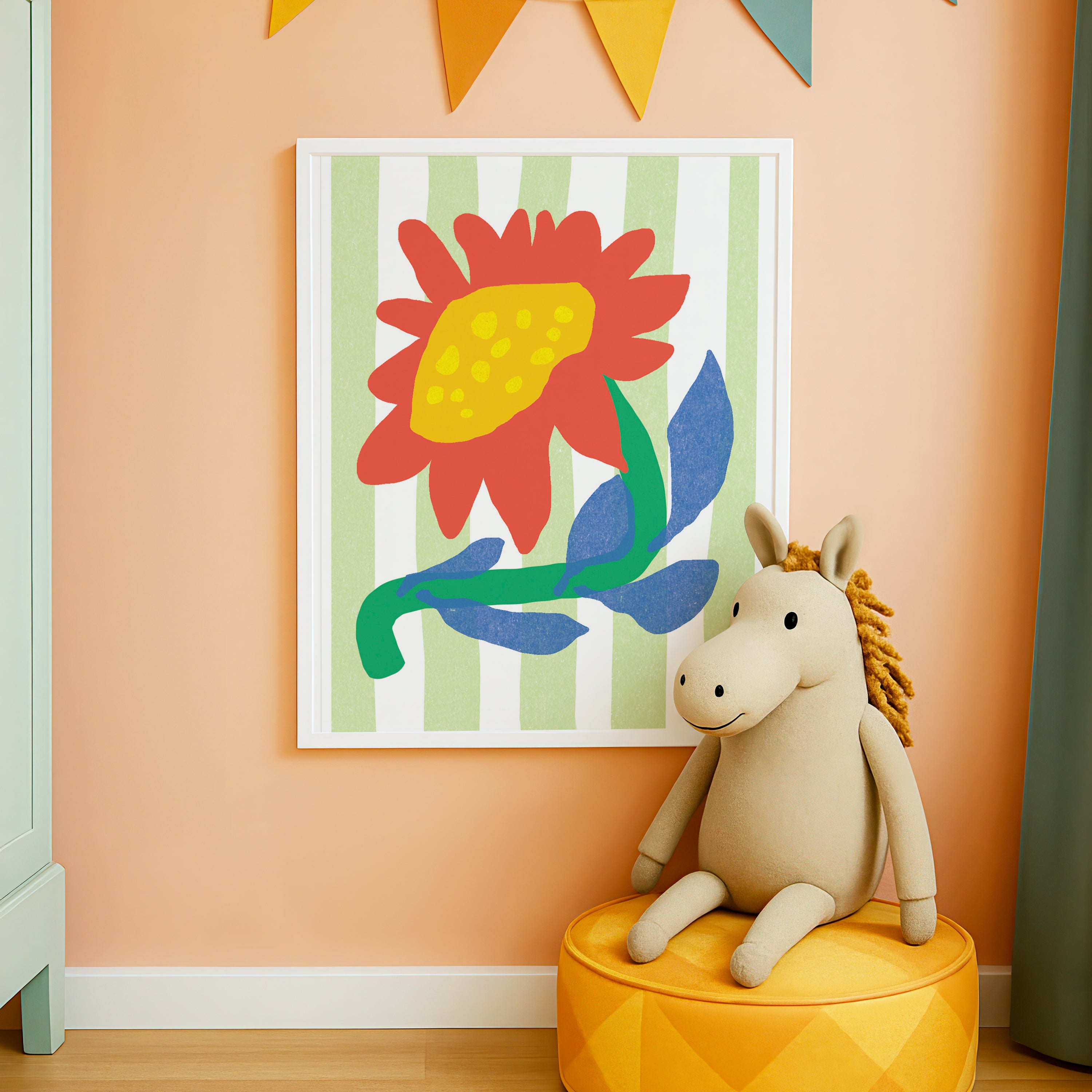 Children's room with a colorful flower painting and a plush horse toy on an orange stool.