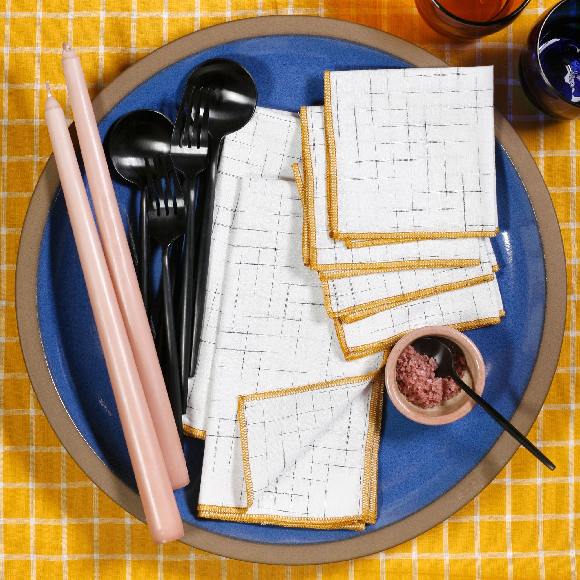 Summer School White and Gold Grid Cocktail Napkins, Set of 4