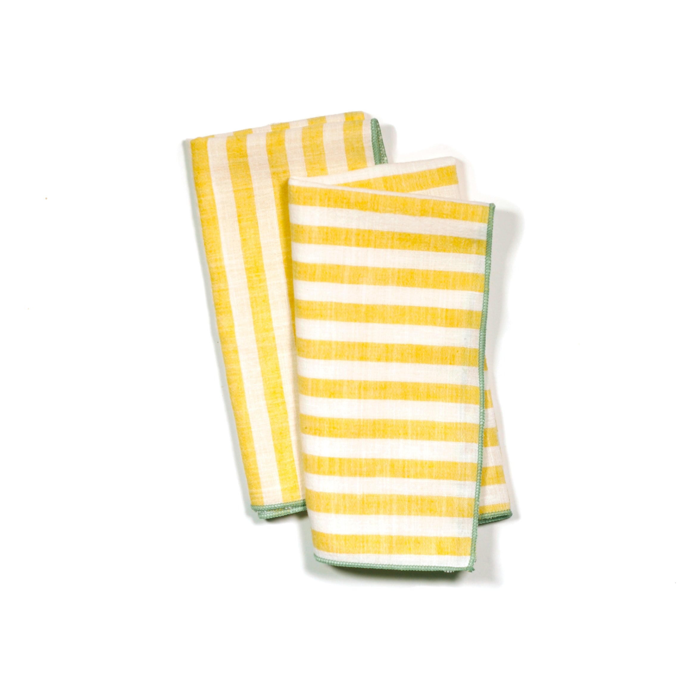 Soft cotton dinner napkins in Cabana Citron colorway – deadstock yellow and cream stripes with mint serging
