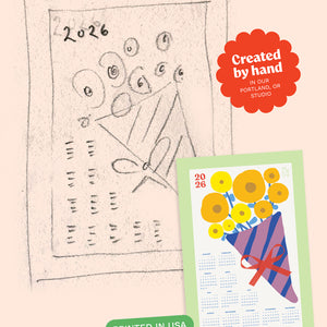 Two calendars side by side, one with a hand-drawn sketch design and the other with a fully-developed colorful bouquet illustration, showing the creative process.