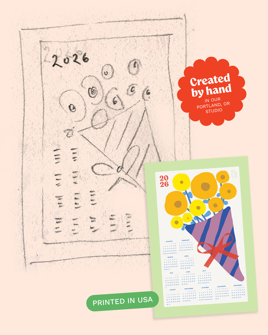 Two calendars side by side, one with a hand-drawn sketch design and the other with a fully-developed colorful bouquet illustration, showing the creative process.
