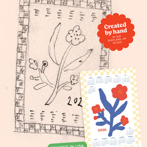 Hand-drawn calendar sketch with floral design and full-color final design with blue and red flowers, showing the creative process.