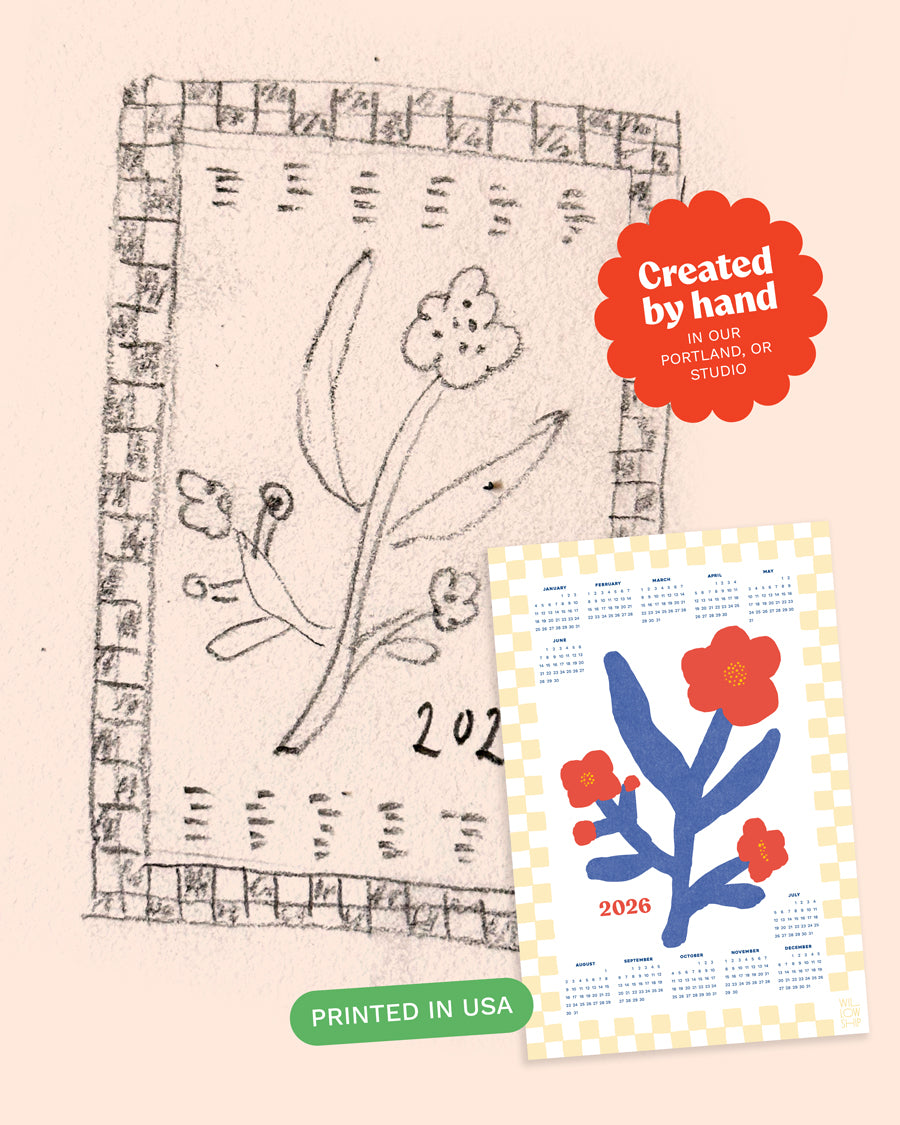 Hand-drawn calendar sketch with floral design and full-color final design with blue and red flowers, showing the creative process.