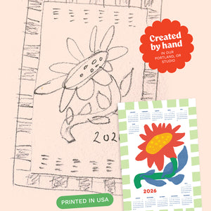Calendar with hand-drawn sketch design and full-color final flower illustration, showing the creative process.