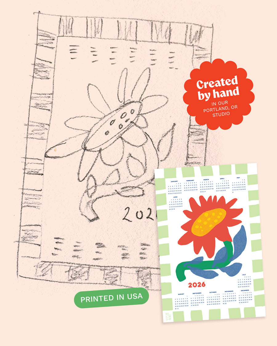 Calendar with hand-drawn sketch design and full-color final flower illustration, showing the creative process.