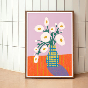 Bold printable botanical wall art featuring vibrant cream florals on a lavender and orange background.