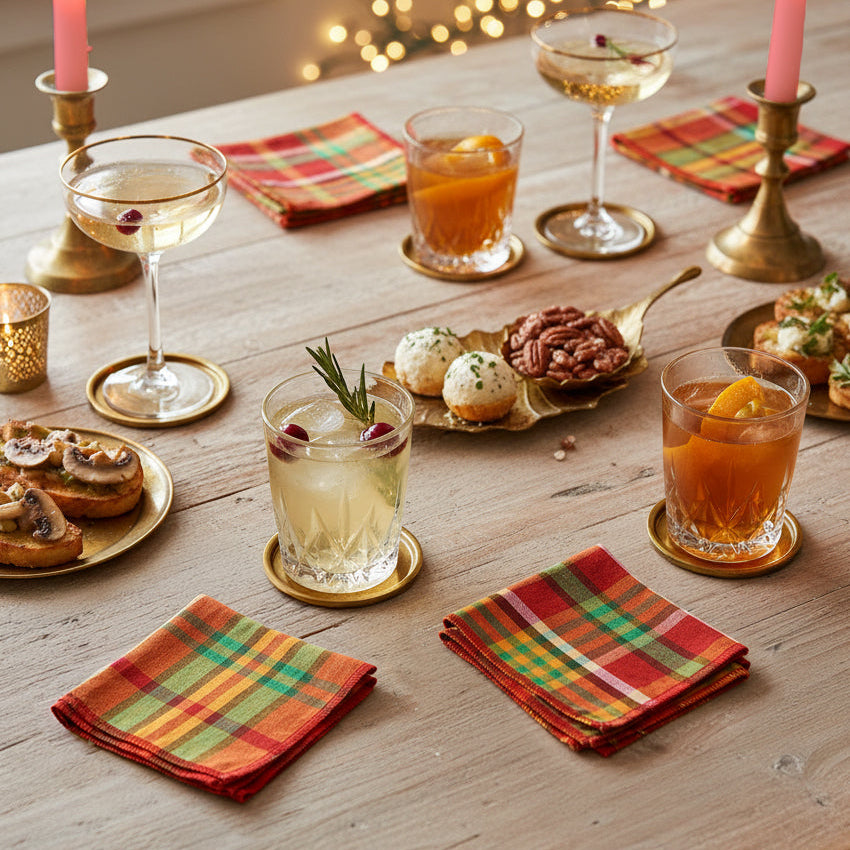 Light wood table set with cocktails, brass bar accessories, small bites, and Merry Madras cocktail napkins adding a bright festive pop.