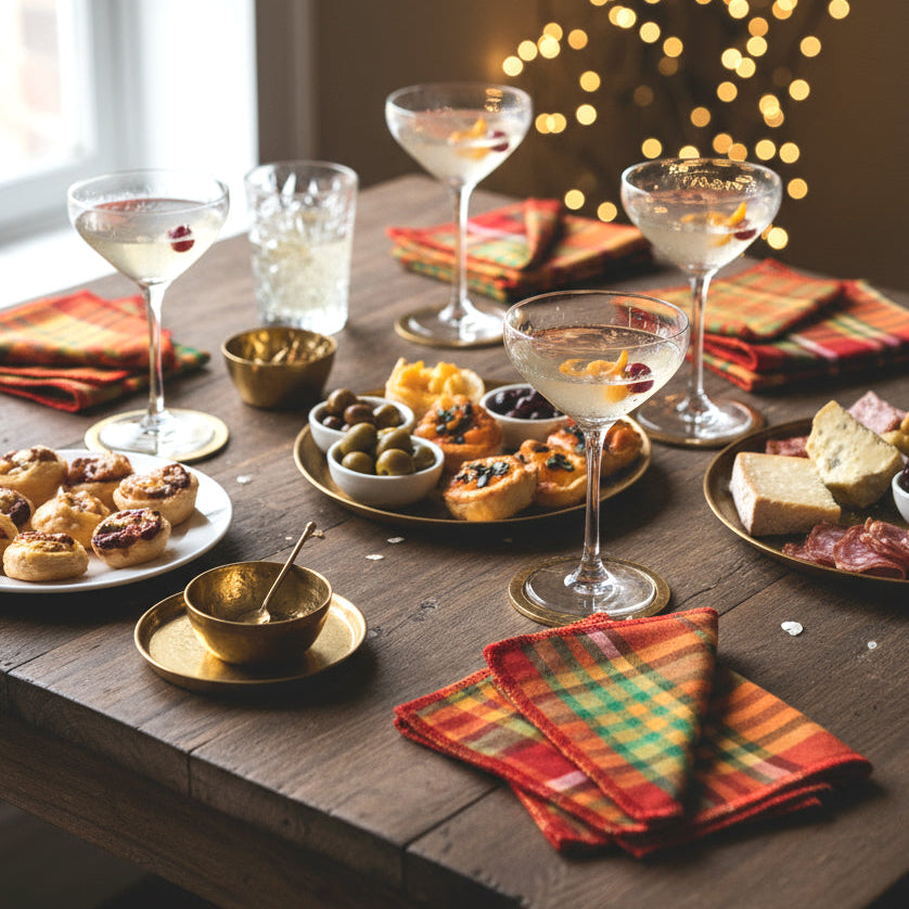 Holiday party scene with Merry Madras cocktail napkins on a rustic wood table, surrounded by cocktails, appetizers, and warm twinkle lights.