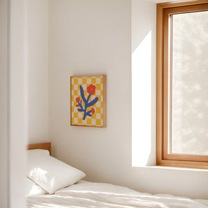 Bold printable botanical wall art in a minimalist bedroom setting, featuring vibrant red florals on a checkerboard background.