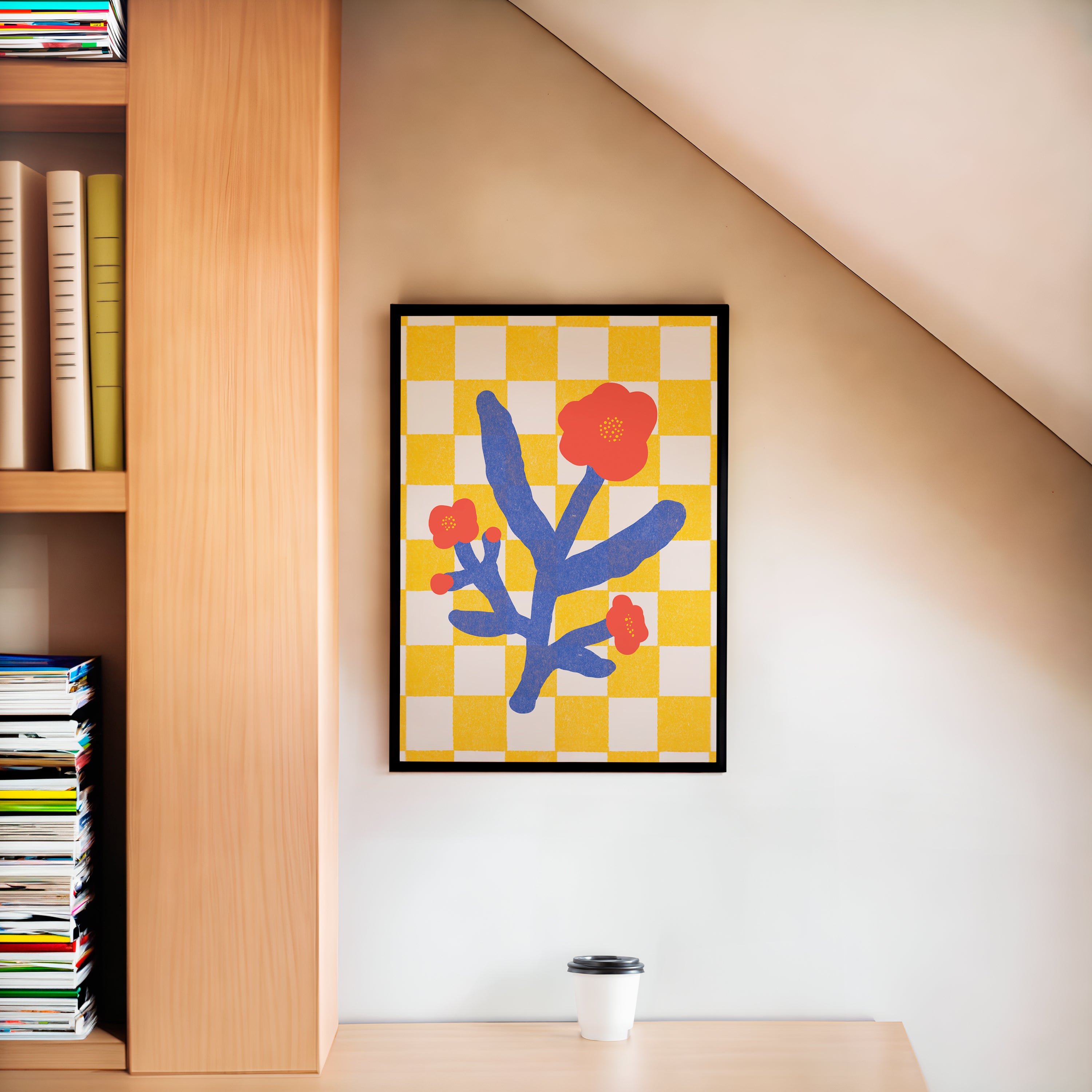 Colorful floral art print shown in a bright kitchen, perfect for modern and playful home decor.