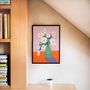 Colorful floral art print shown in a bright kitchen, perfect for modern and playful home decor.