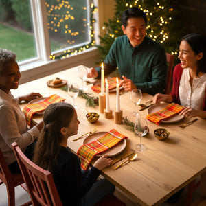 Warm holiday gathering with a family seated around a table set with Merry Madras dinner napkins, candles, and simple festive greenery.