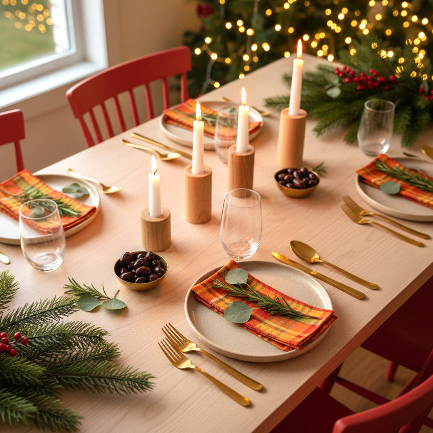 Festive dining table featuring Merry Madras dinner napkins at each place setting, with warm candlelight and holiday lights in the background.