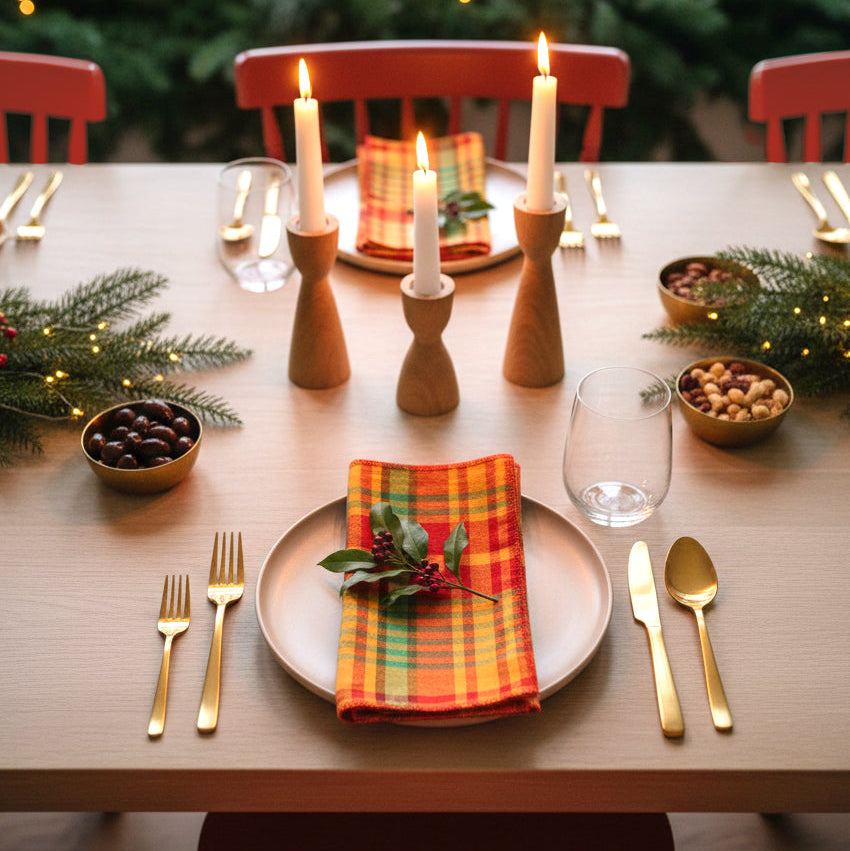 Holiday dinner table set with Merry Madras dinner napkins layered on plates, surrounded by gold flatware, candles, and evergreen sprigs.