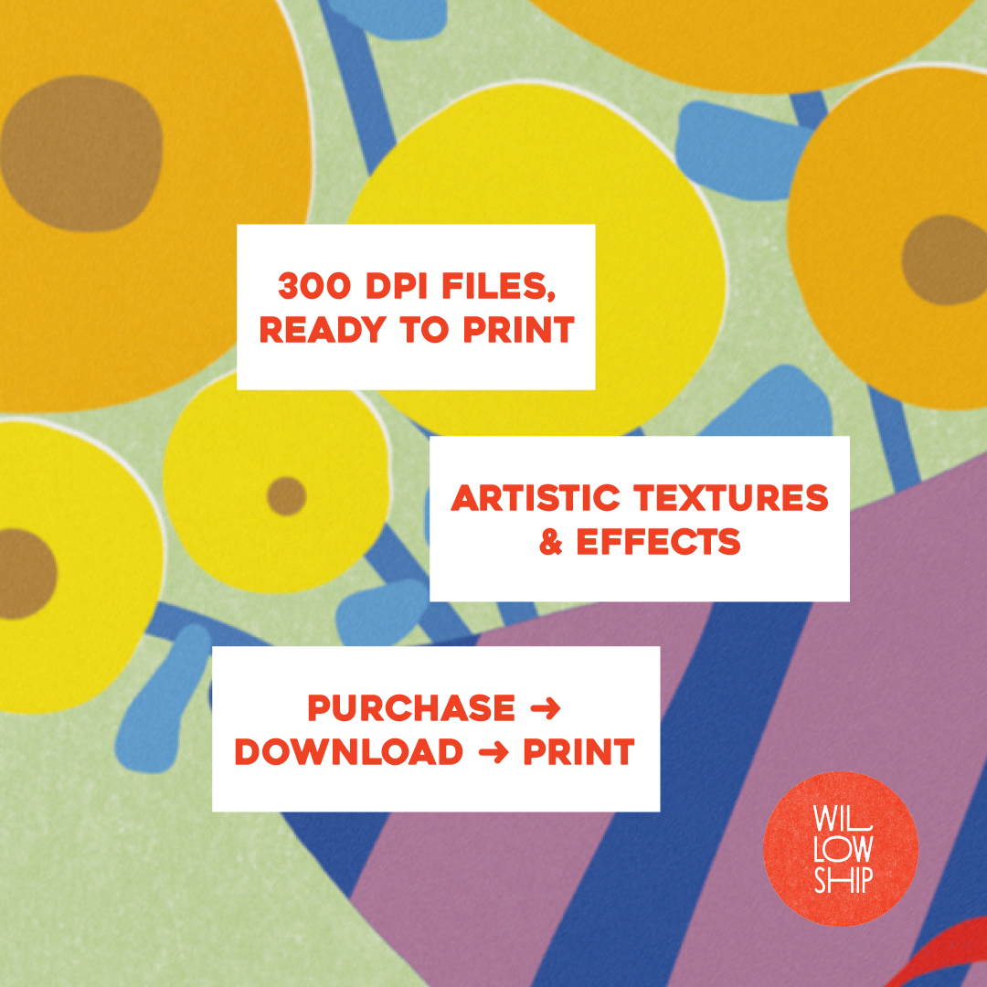 Close-up detail of the bouquet’s brushstrokes and painterly texture, with text about easy digital download