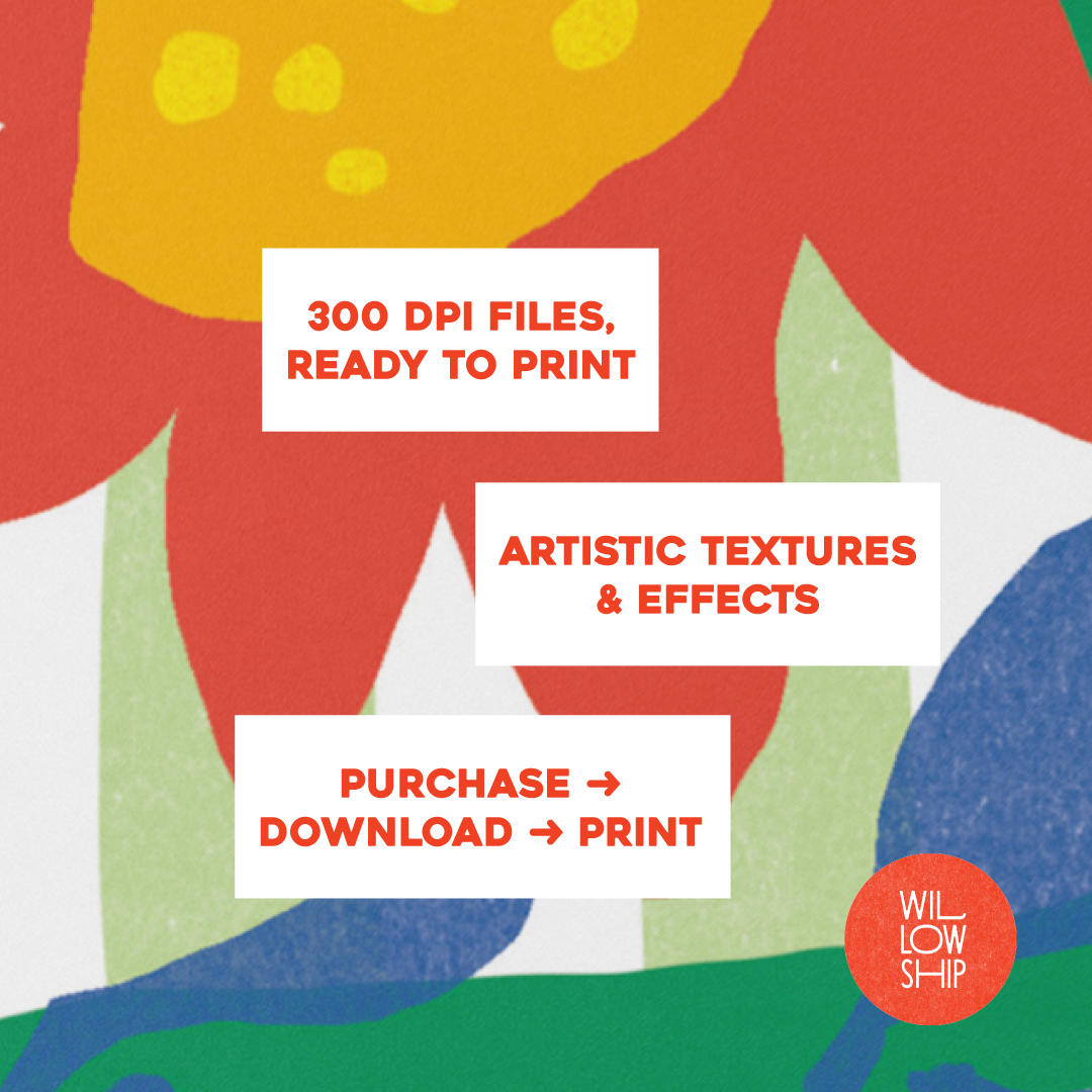Close-up of the sunflower print showing hand-painted texture with overlay text about instant download and high-res quality