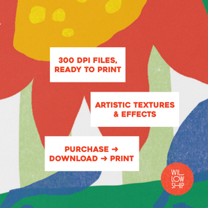 Close-up of the sunflower print showing hand-painted texture with overlay text about instant download and high-res quality