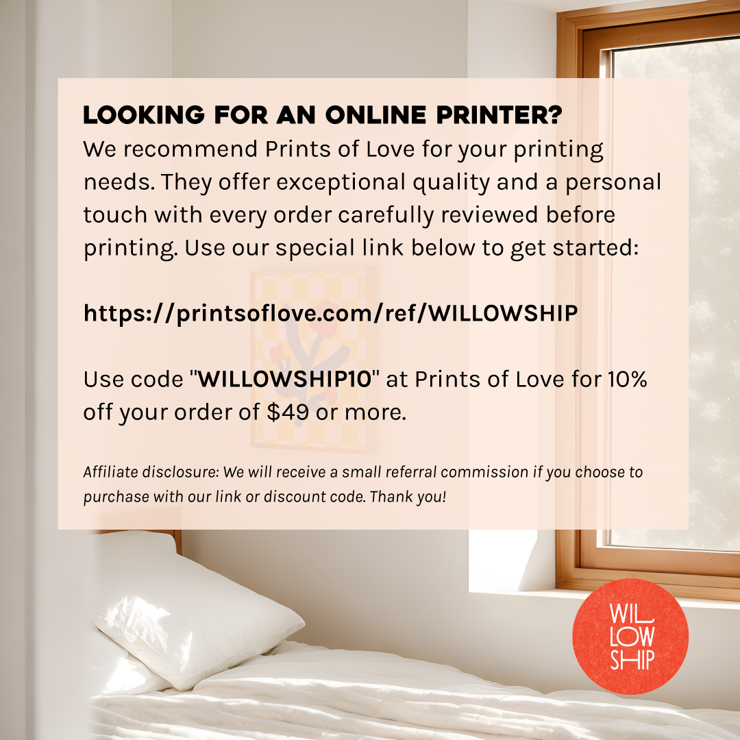 Helpful info card featuring our recommended printing partner, Prints of Love, for high-quality art print services.