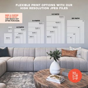 Visual guide to six included JPEG sizes for easy printing and framing at home or through a professional printer.