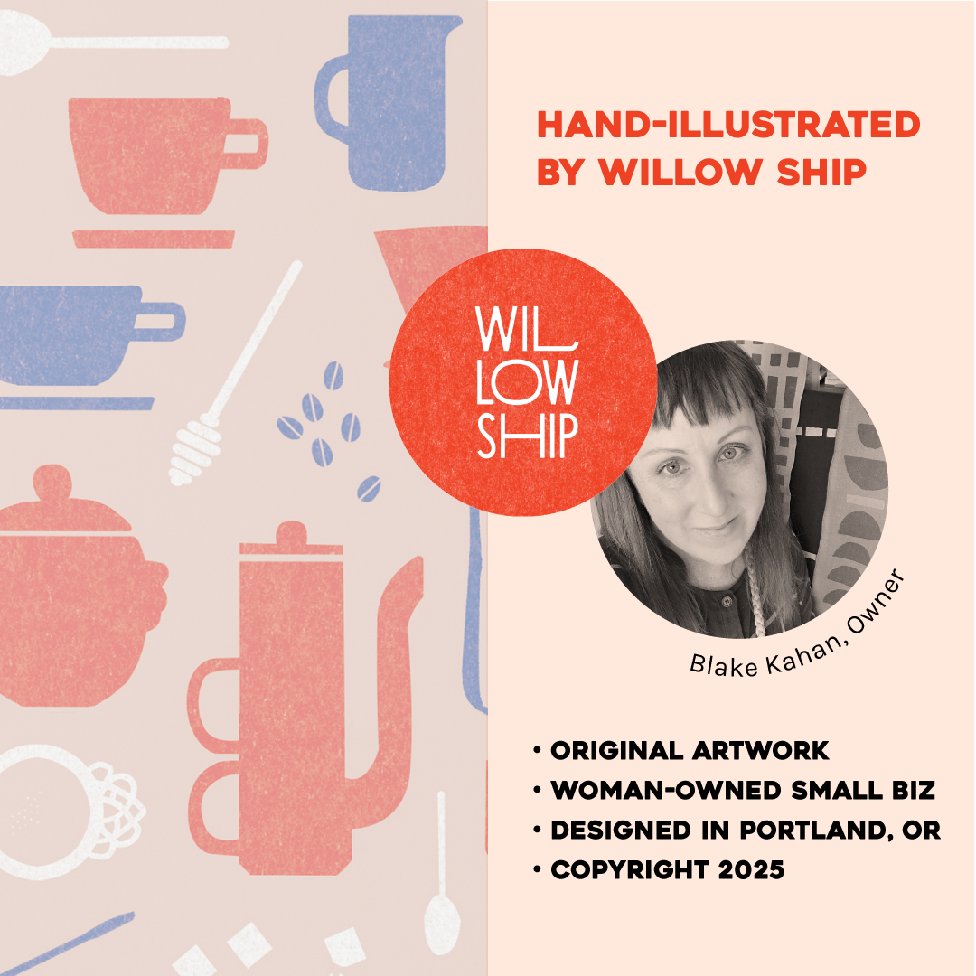 Promotional graphic for Willow Ship with illustrations of kitchen items and a photo of the artist.