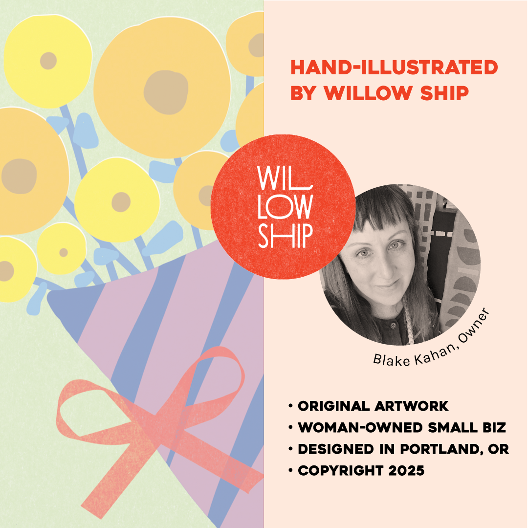 Promotional graphic for Willow Ship with hand-illustrated flowers and a portrait of the owner.