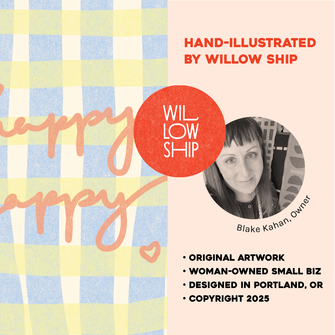 Promotional graphic for Willow Ship with a gingham pattern and branding information.