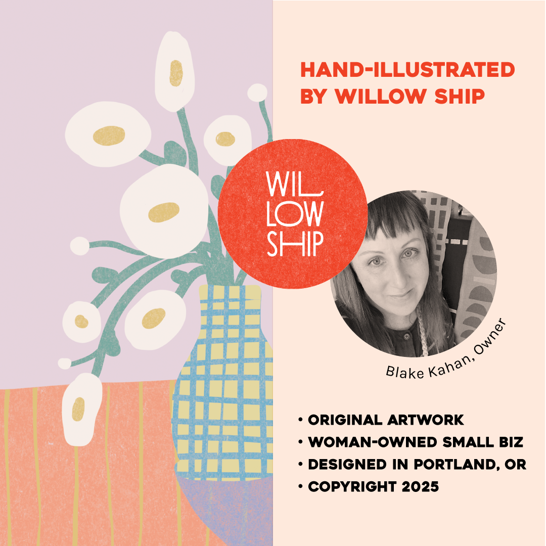 Promotional graphic for Willow Ship with hand-illustrated flowers and a portrait of the owner.