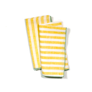 Soft cotton dinner napkins in Cabana Citron colorway – deadstock yellow and cream stripes with mint serging