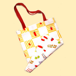Reversible cotton-linen tote with red tomato pattern – sustainable market bag handmade in Portland