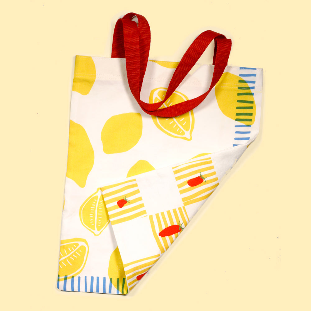 Double-Sided Fruit Market Tote – Lemons & Tomatoes | Reversible Cotton-Linen Tote Bag