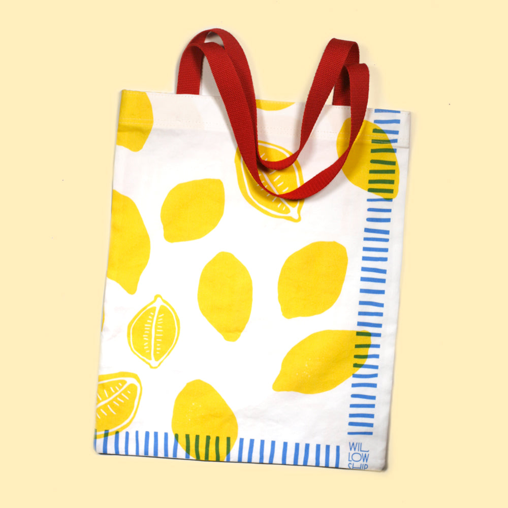 Handmade fruit market tote with bold lemon print – eco-friendly reversible bag from Willow Ship