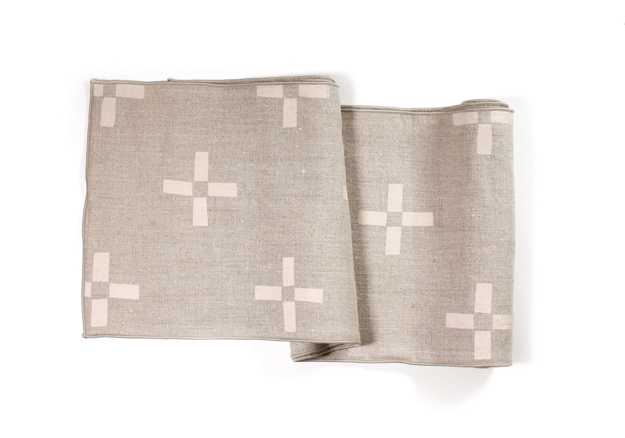 'Plus 2' Hand-Printed Table Runner in Cream on Natural linen