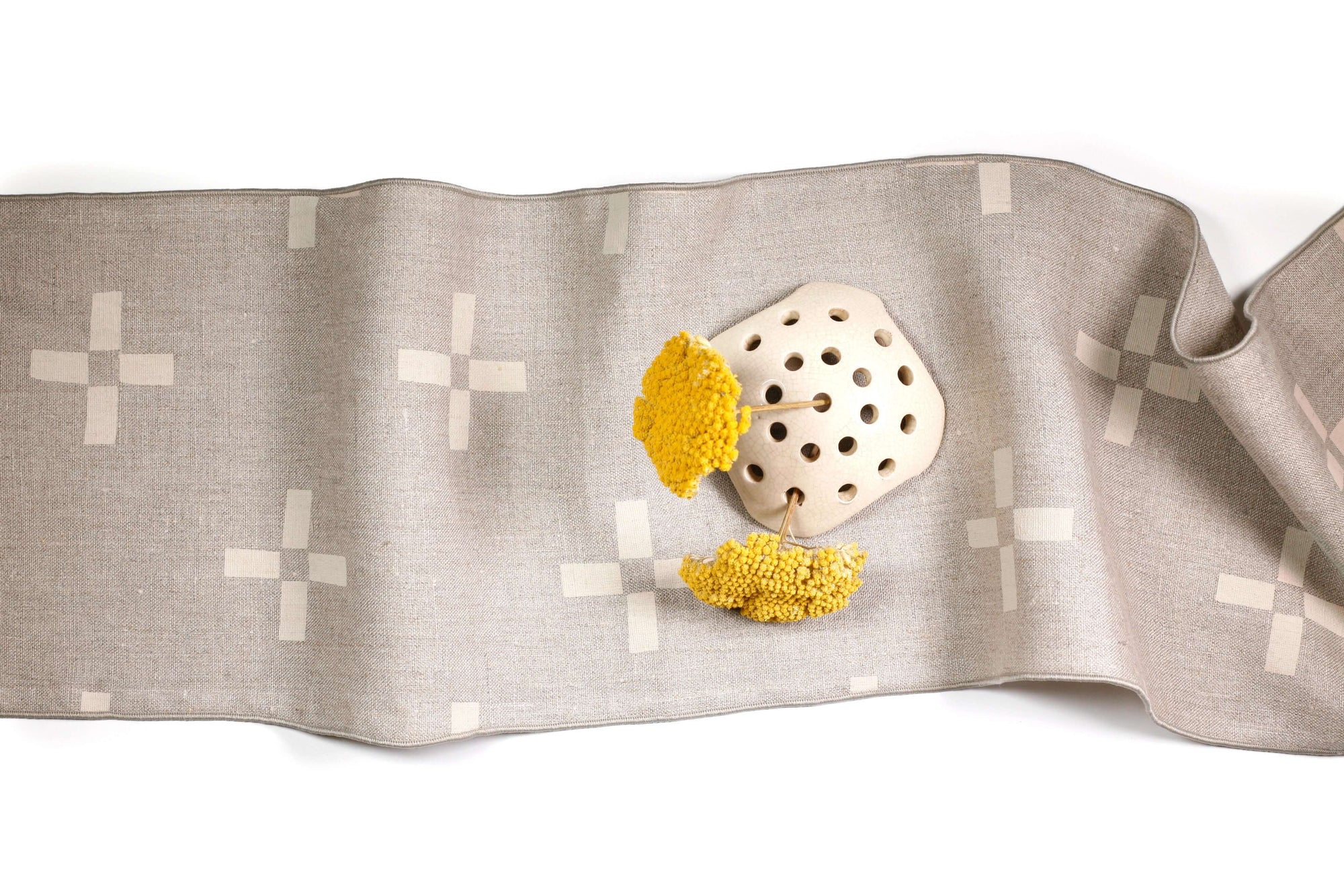 'Plus 2' Hand-Printed Table Runner in Cream on Natural linen