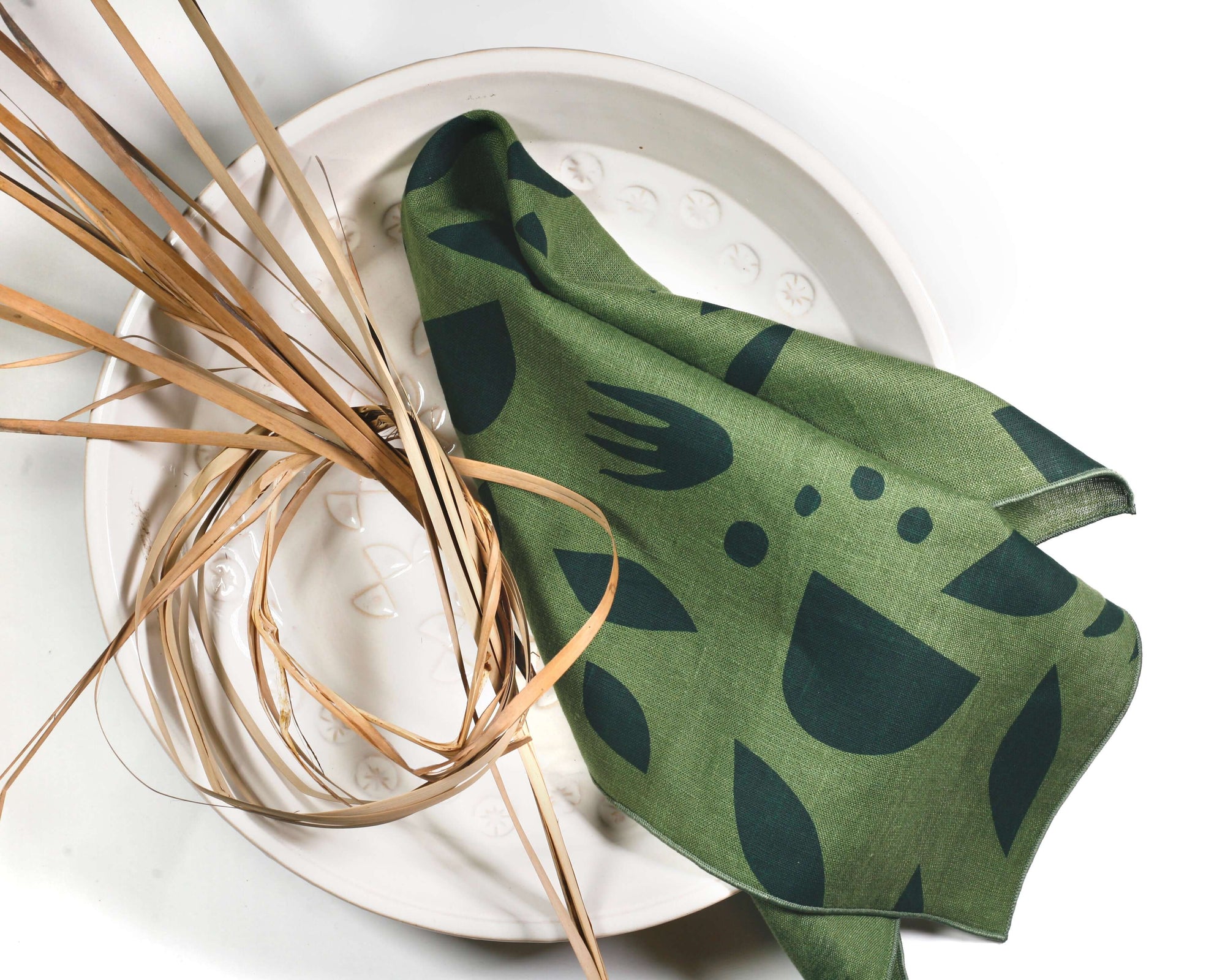 'Decon Floral' 100% Linen Tea Towel in Forest Green