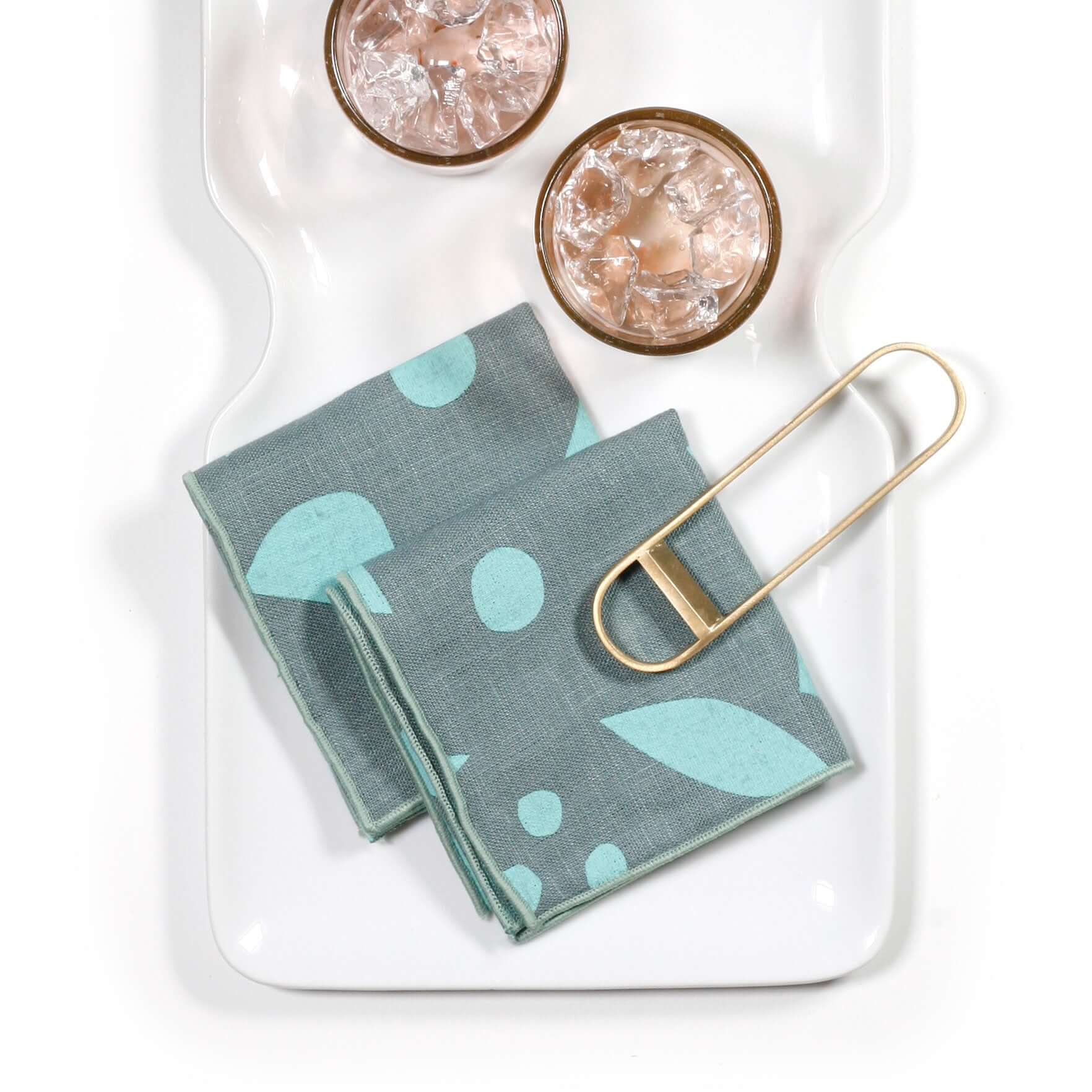 'Decon Floral' Hand-Printed 100% Linen Cocktail Napkins, Seaglass colorway, Set of 4