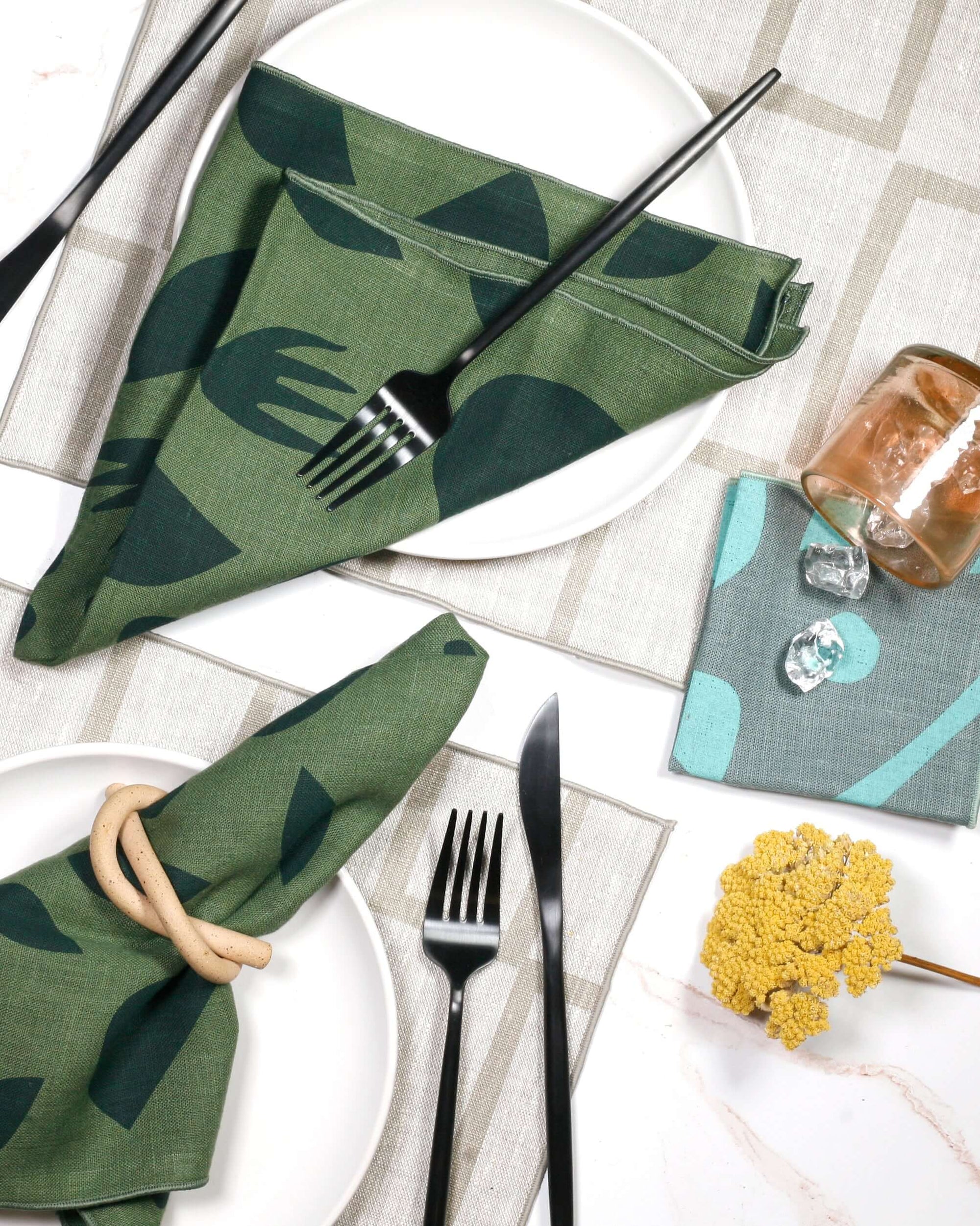 'Decon Floral' Hand-Printed 100% Linen Cocktail Napkins, Seaglass colorway, Set of 4