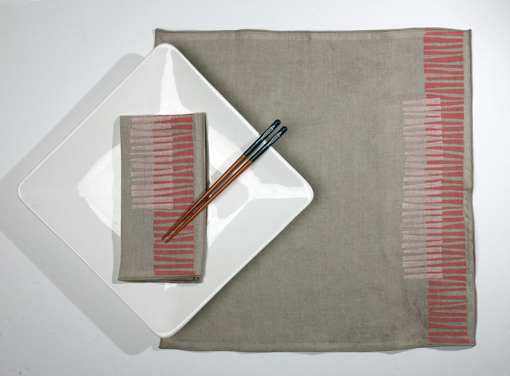 'Twigs' Block Printed Linen Dinner Napkins in Living Coral/Petal on Natural Linen