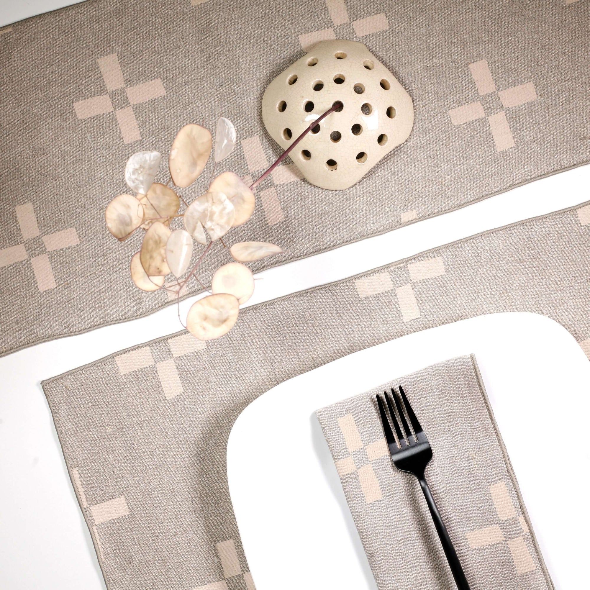 'Plus 2' Hand-Printed Table Runner in Cream on Natural linen