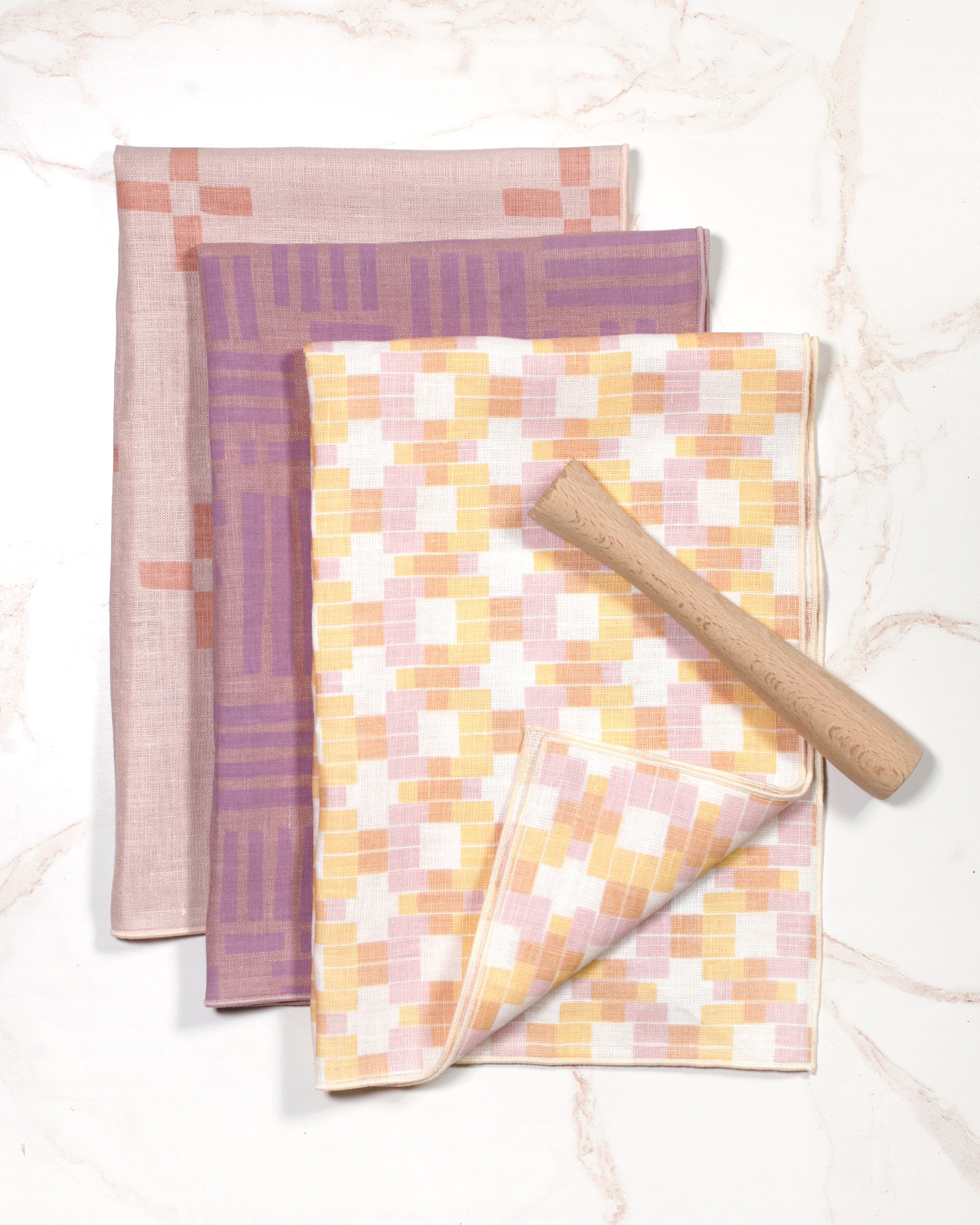 Bundle: 3 Hand-Printed Linen Tea Towels — Pastels