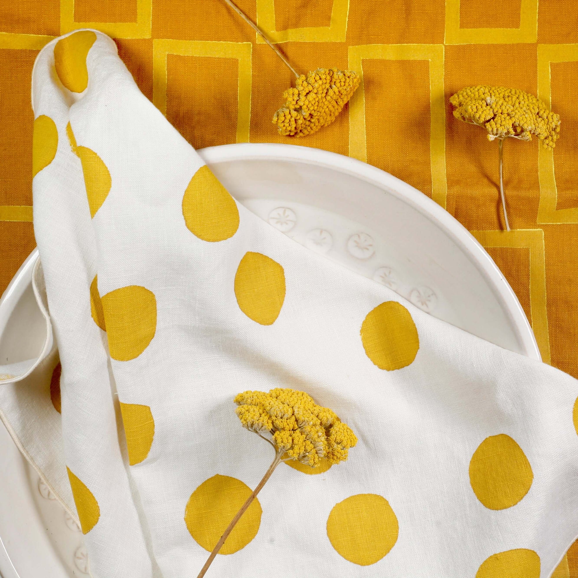 'Scatter' Hand-Printed 100% Linen Tea Towel in Sunshine colorway