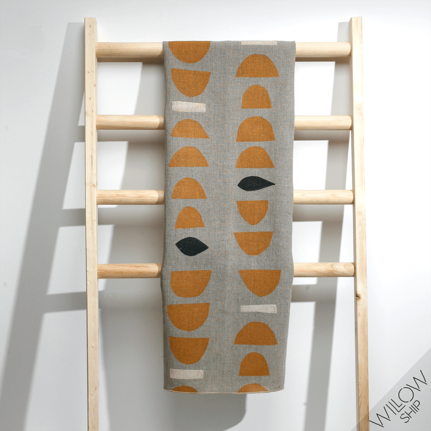'Stacks' Hand-Printed Linen Tea Towel, Ochre colorway