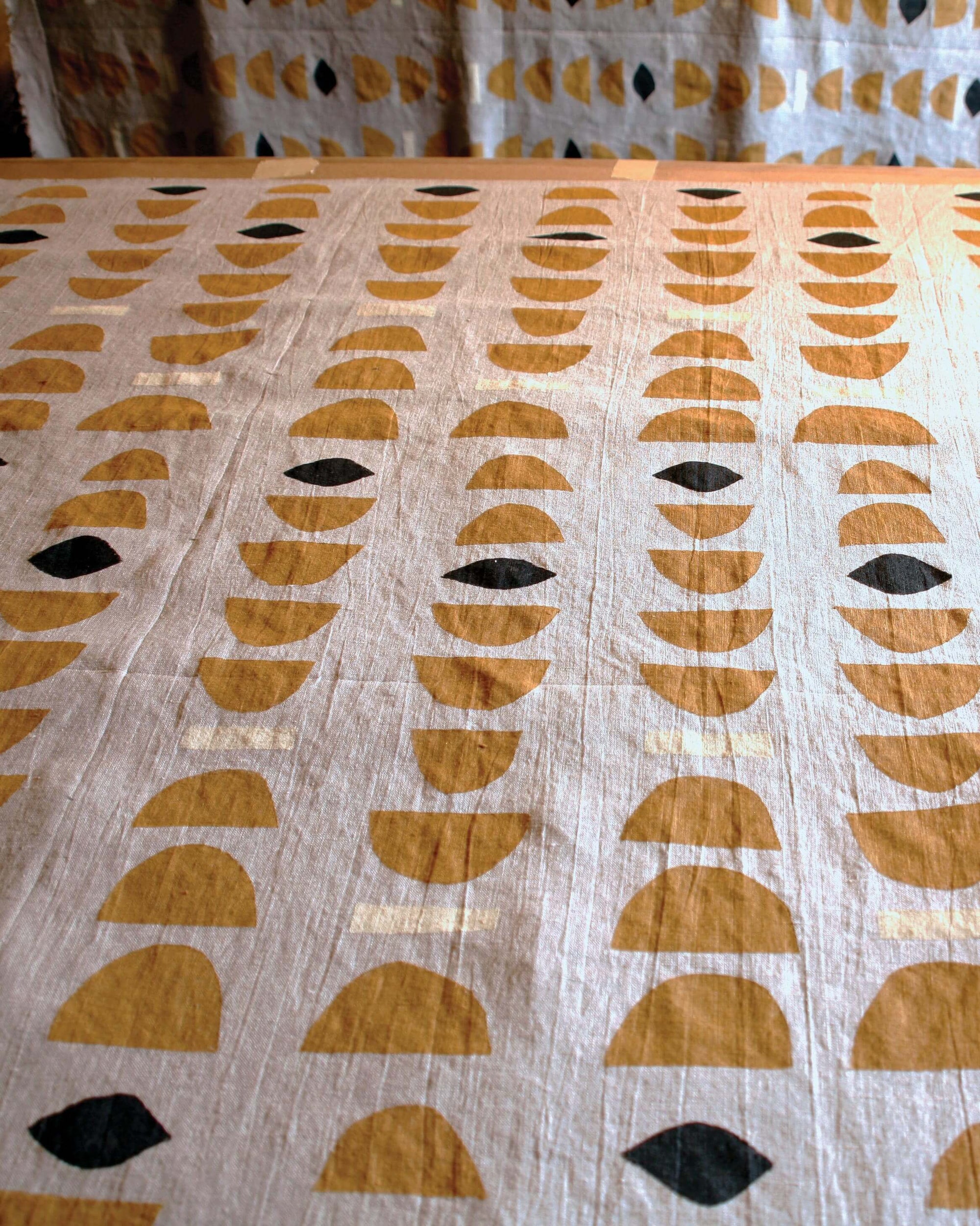 'Stacks' Hand-Printed Linen Tea Towel, Ochre colorway