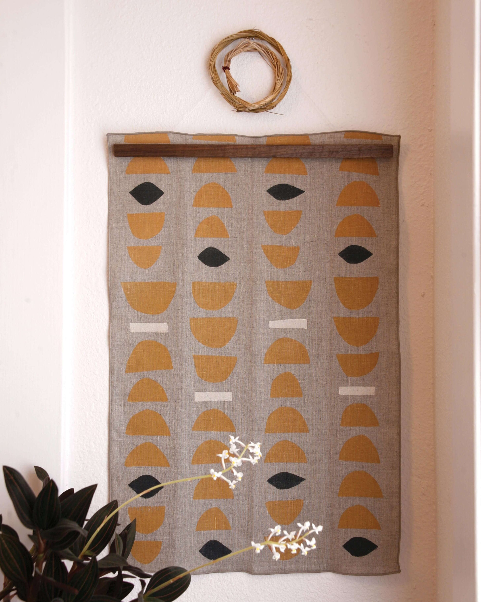 'Stacks' Hand-Printed Linen Tea Towel, Ochre colorway