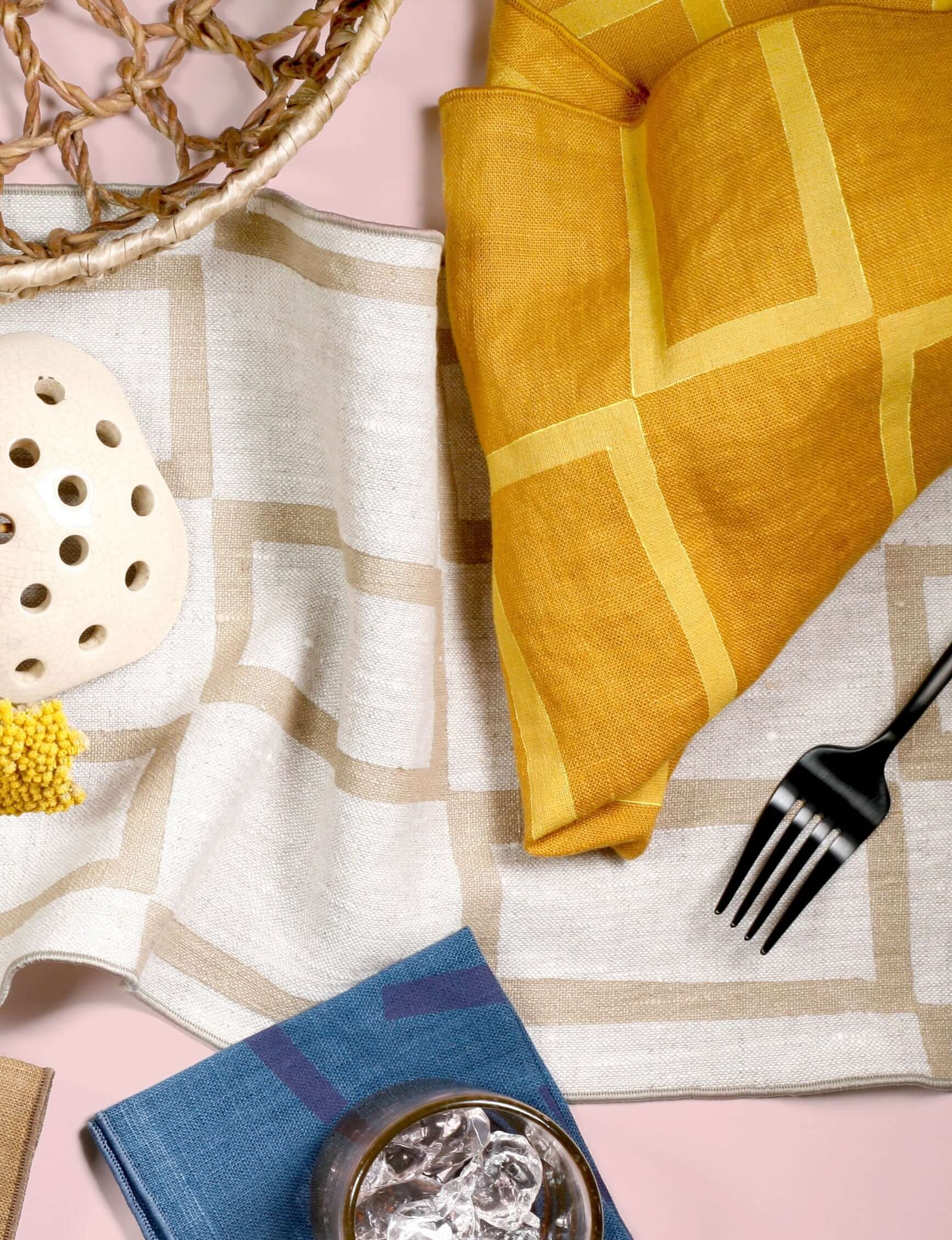 'Windows' Hand-Printed 100% Linen Dinner Napkins in Sunshine, Set of 2