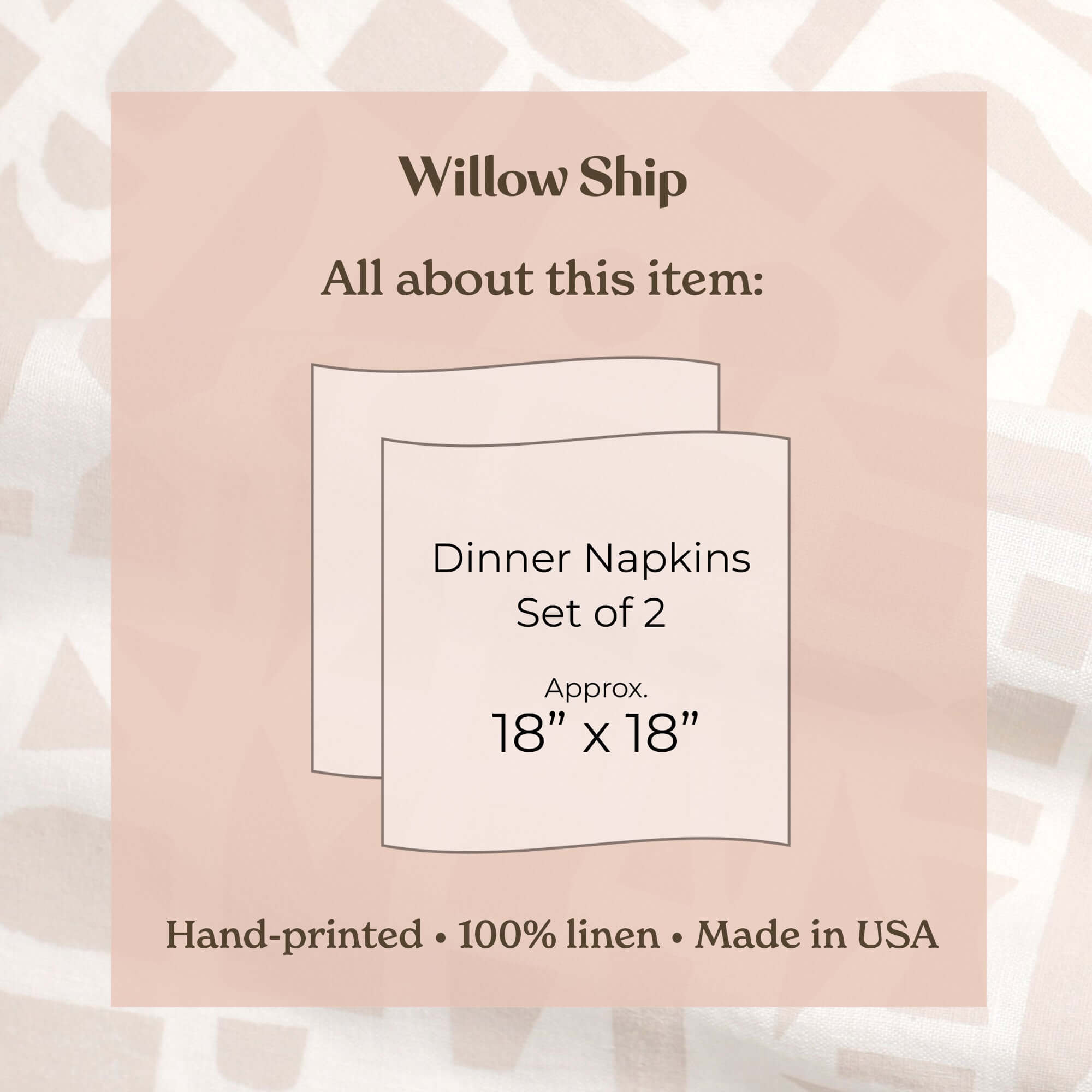 'Windows' Hand-Printed 100% Linen Dinner Napkins, Salmon colorway - Set of 2